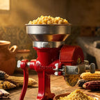 Detalle de molino de granos manual Victoria color rojo fabricado en hierro fundido, moliendo maíz amarillo con tolva metálica superior y salida de molienda hacia un recipiente de barro - Ferretería La Palma - 1040046