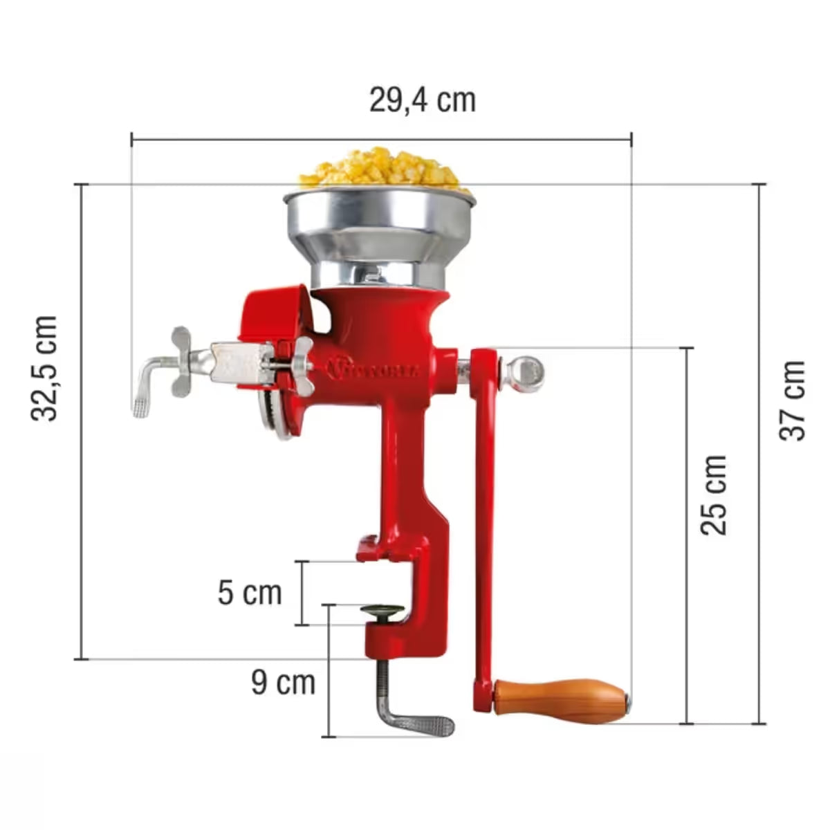 Infografía técnica del molino de granos manual Victoria rojo con dimensiones detalladas: 37 cm de altura total, 29.4 cm de ancho, manivela de 25 cm y sistema de prensa ajustable de 5 cm para sujeción en superficies - Ferretería La Palma - 1040046