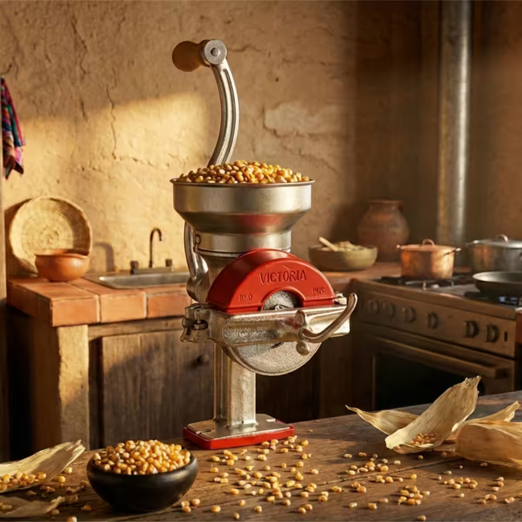 Molino de granos manual Victoria con tolva baja metálica en ambiente de cocina tradicional, moliendo granos de maíz sobre mesa de madera, con protector de molienda rojo y mango de madera - Ferretería La Palma - 1440005