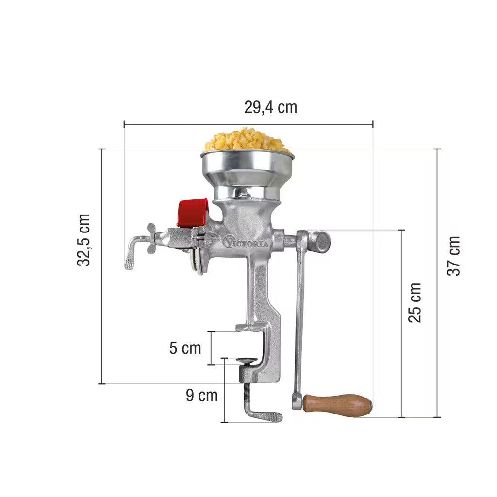 Infografía técnica del molino de granos manual Victoria con tolva baja, detallando dimensiones: altura total de 37 cm, ancho de 29,4 cm, altura del cuerpo de 32,5 cm y especificaciones de la prensa de sujeción (9 cm de largo y 5 cm de apertura) - Ferretería La Palma - 1440005