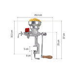 Infografía técnica del molino de granos manual Victoria con tolva baja, detallando dimensiones: altura total de 37 cm, ancho de 29,4 cm, altura del cuerpo de 32,5 cm y especificaciones de la prensa de sujeción (9 cm de largo y 5 cm de apertura) - Ferretería La Palma - 1440005