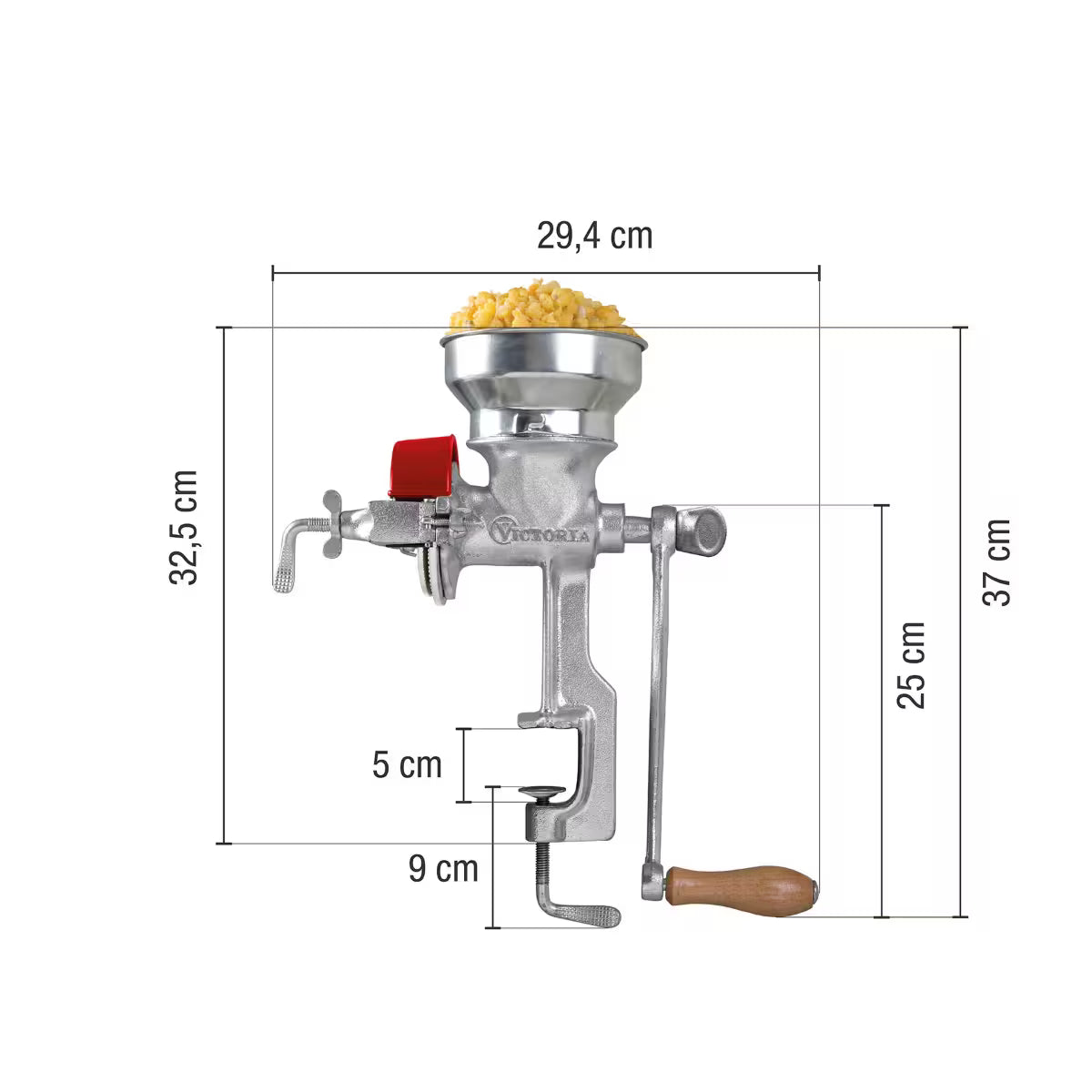 Infografía técnica del molino de granos manual Victoria con tolva baja, detallando dimensiones: altura total de 37 cm, ancho de 29,4 cm, altura del cuerpo de 32,5 cm y especificaciones de la prensa de sujeción (9 cm de largo y 5 cm de apertura) - Ferretería La Palma - 1440005