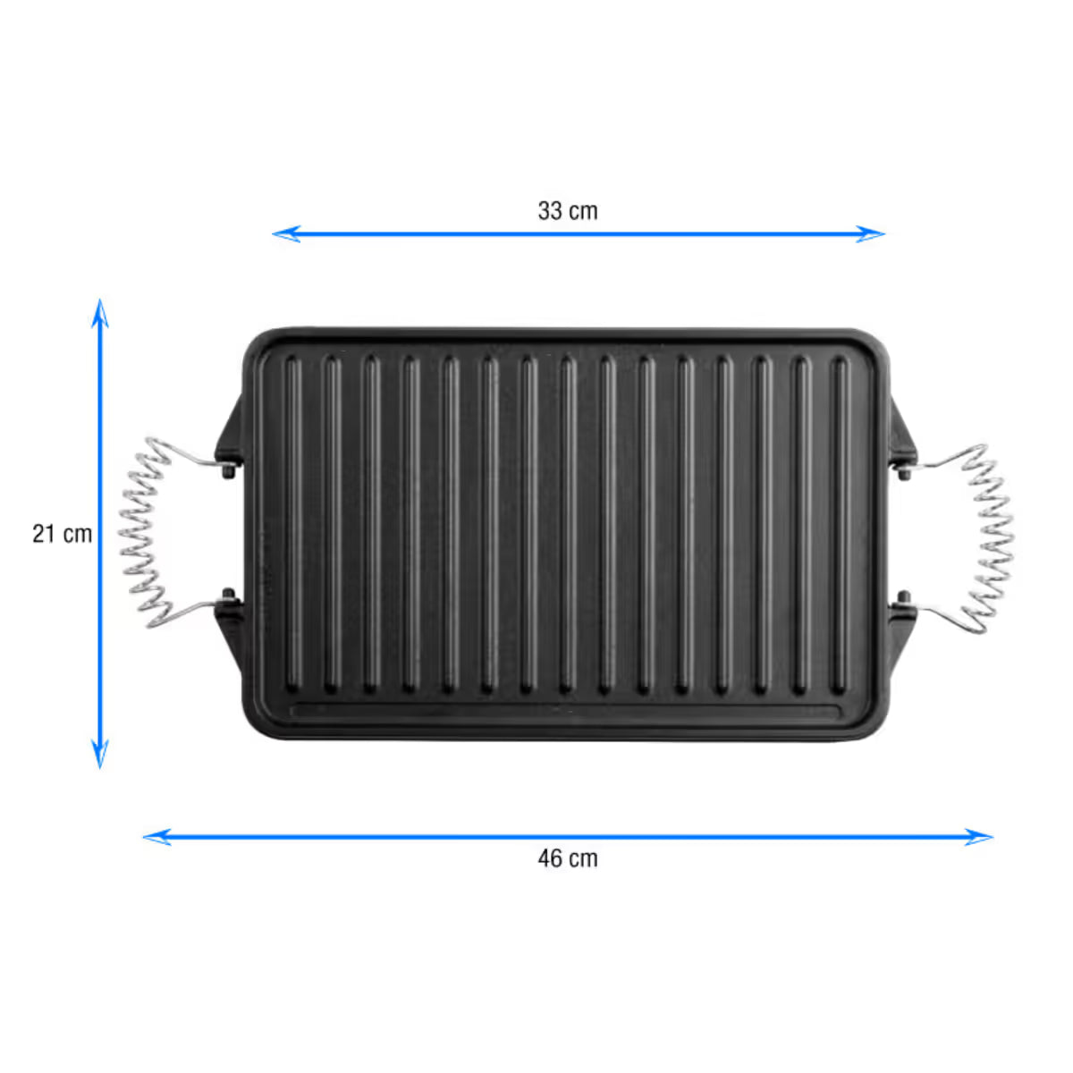 Infografía de medidas de la plancha reversible Victoria de 33x21 cm en hierro fundido curado con asas de alambre detallando un ancho de 21 cm, un largo de superficie de 33 cm y un largo total de 46 cm - Ferretería La Palma - 1050021