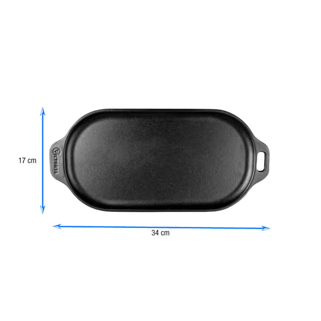 Infografía de medidas de la plancha ovalada Victoria de 34x17 cm en hierro fundido esmaltado detallando un largo de 34 cm y un ancho de 17 cm - Ferretería La Palma - 1050040