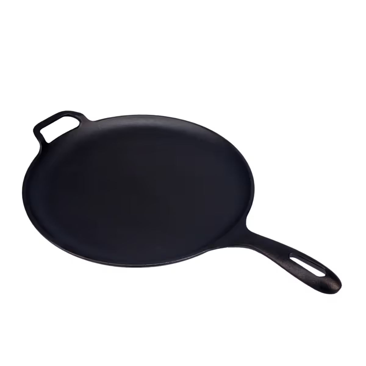 Vista en perspectiva de la plancha redonda para pizza Victoria de 30 cm en hierro fundido esmaltado con mango largo y asa de apoyo - Ferretería La Palma - 1050087