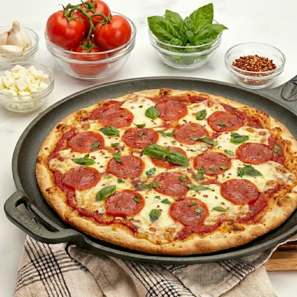 Vista en perspectiva de la plancha redonda para pizza Victoria de 30 cm en hierro fundido esmaltado con una pizza de pepperoni y albahaca, acompañada de bowls con ingredientes sobre una mesa blanca - Ferretería La Palma - 1050087