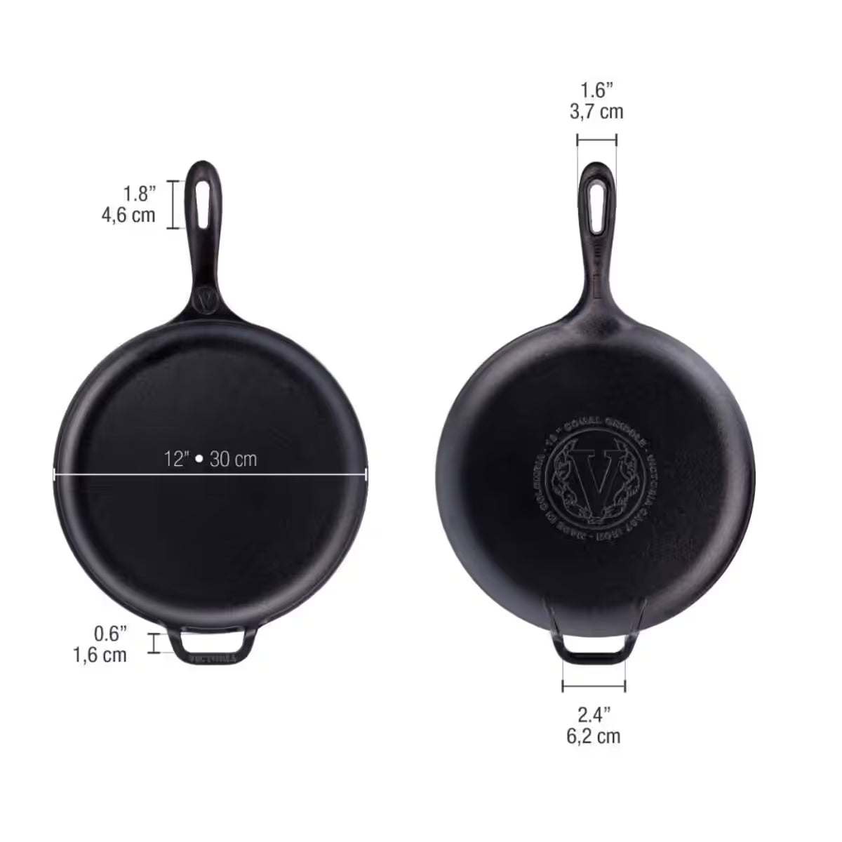 Infografía de medidas de la plancha redonda para pizza Victoria de 30 cm en hierro fundido esmaltado detallando un diámetro de 30 cm, un largo de mango de 4.6cm y un ancho de asa de apoyo de 6.2cm - Ferretería La Palma - 1050087