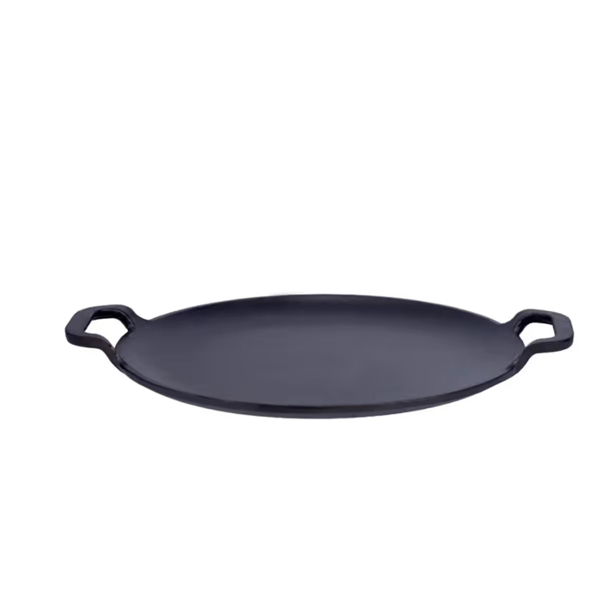 Vista frontal en perspectiva de la plancha redonda para pizza y crepas Victoria de 25 cm en hierro fundido esmaltado con doble asa lateral - Ferretería La Palma - 1050086
