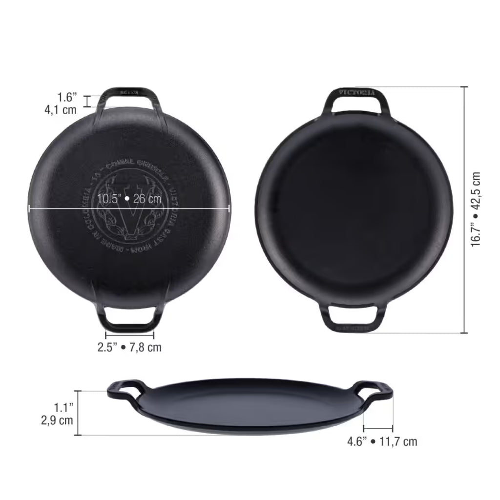Infografía de medidas de la plancha redonda para pizza y crepas Victoria de 25 cm en hierro fundido esmaltado detallando un diámetro de 26 cm, un largo total de 42.5cm, un ancho de asa de 7.8cm y una altura de 2.9cm - Ferretería La Palma - 1050086