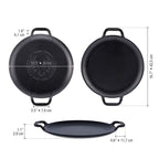 Infografía de medidas de la plancha redonda para pizza y crepas Victoria de 25 cm en hierro fundido esmaltado detallando un diámetro de 26 cm, un largo total de 42.5cm, un ancho de asa de 7.8cm y una altura de 2.9cm - Ferretería La Palma - 1050086