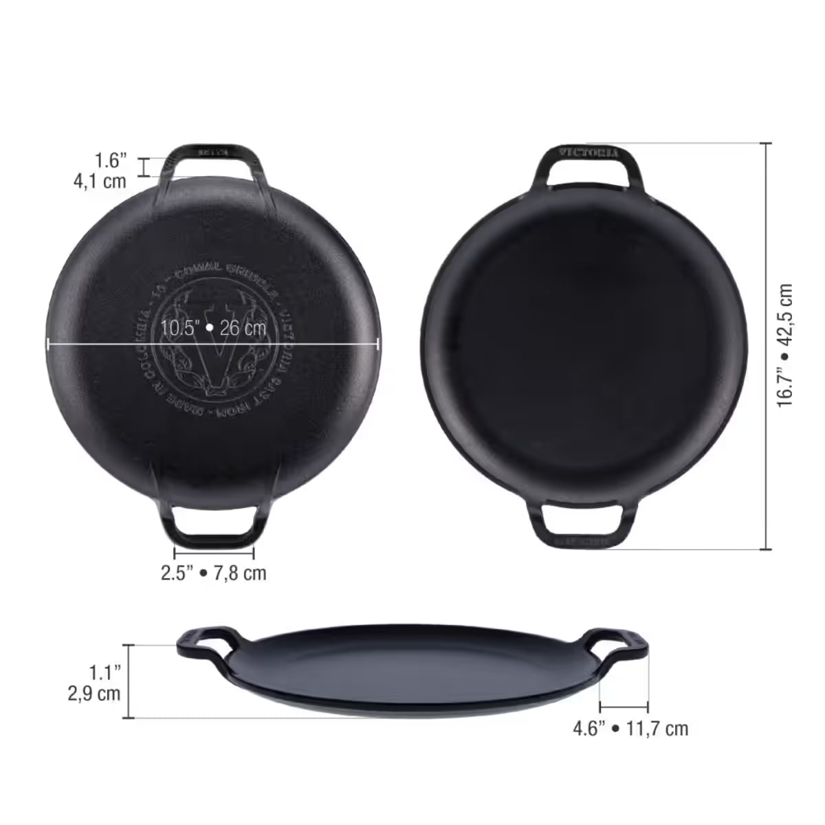 Infografía de medidas de la plancha redonda para pizza y crepas Victoria de 25 cm en hierro fundido esmaltado detallando un diámetro de 26 cm, un largo total de 42.5cm, un ancho de asa de 7.8cm y una altura de 2.9cm - Ferretería La Palma - 1050086