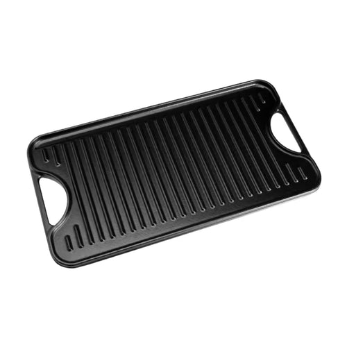 Vista en perspectiva de la cara estriada tipo grill de la plancha reversible Victoria de 47x25 cm en hierro fundido curado con doble asa lateral - Ferretería La Palma - 1050017