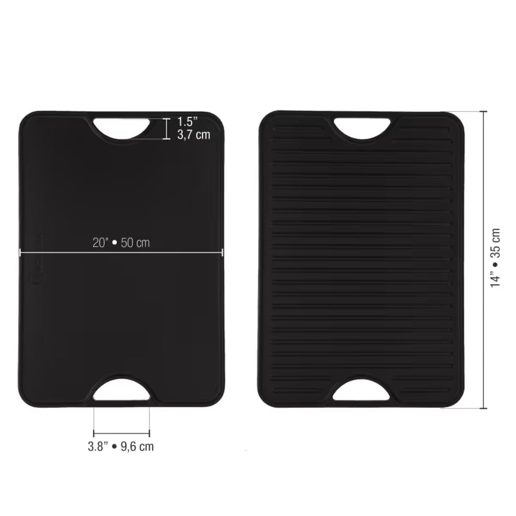 Infografía de medidas de la plancha reversible Victoria de 50x35 cm en hierro fundido curado detallando un ancho de 50 cm, un largo total de 35 cm, un ancho de asa de 9,6cm y una separación de asa de 3.7 cm - Ferretería La Palma - 1050081