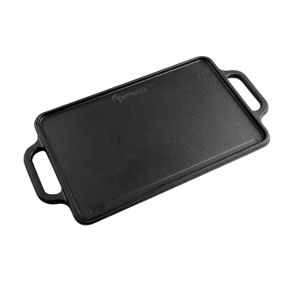 Vista en perspectiva de la cara lisa de la plancha reversible Victoria de 33x21 cm en hierro fundido esmaltado con el logo de la marca grabado y doble asa lateral - Ferretería La Palma - 1050020