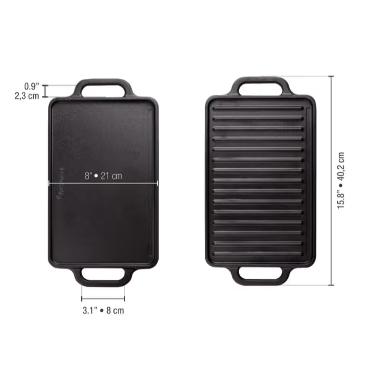 Infografía de medidas de la plancha reversible Victoria de 33x21 cm en hierro fundido esmaltado detallando un ancho de 21 cm, un largo total de 40.2 cm, un ancho de asa de 8cm y una separación de asa de 2.3cm - Ferretería La Palma - 1050020