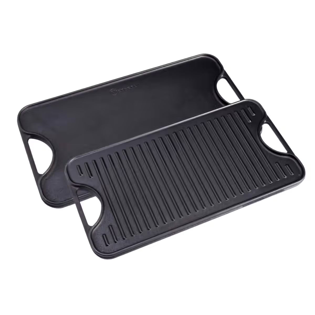 Vista en perspectiva de ambas caras (lisa y estriada tipo grill) de la plancha reversible Victoria de 47x25 cm en hierro fundido esmaltado - Ferretería La Palma - 1050023
