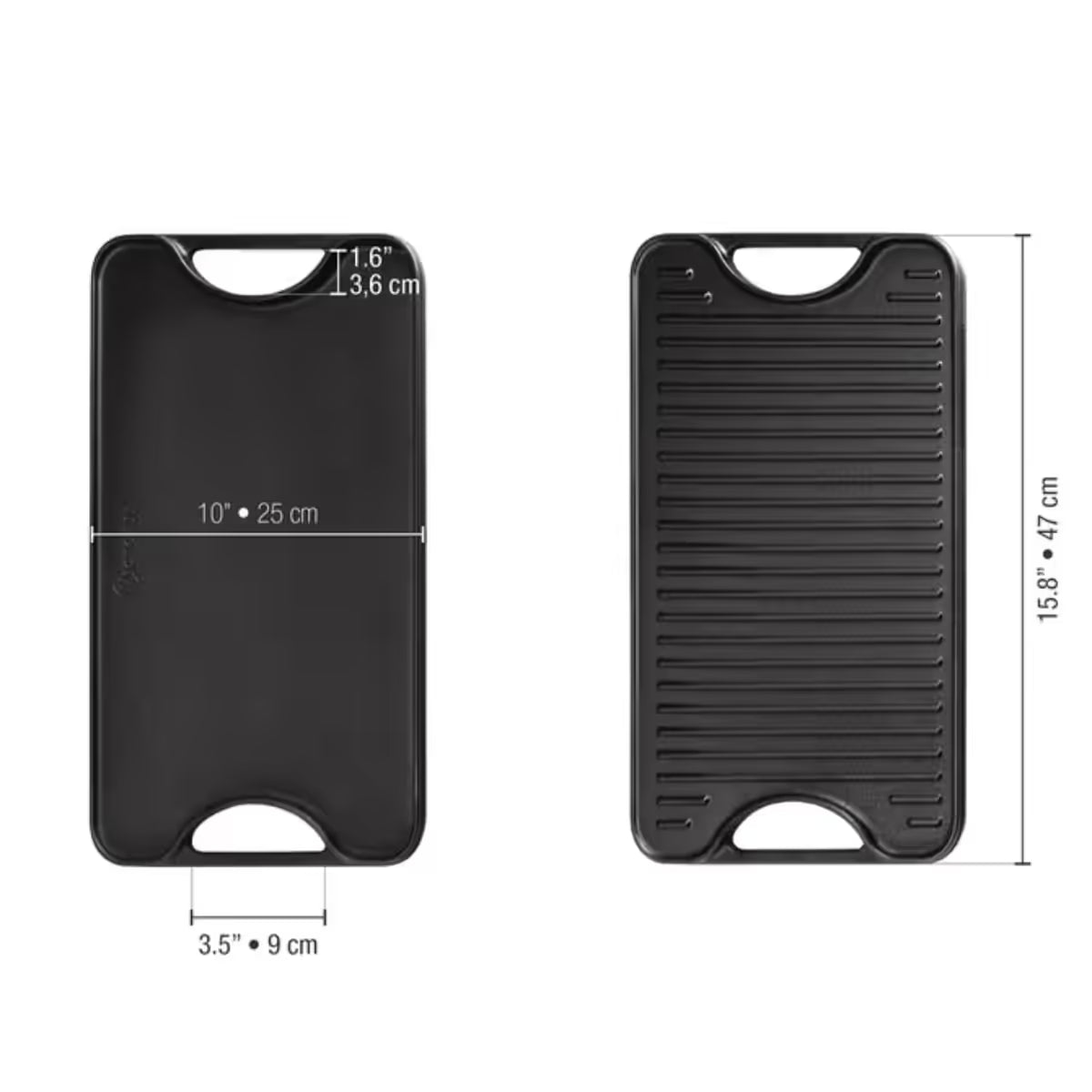 Infografía de medidas de la plancha reversible Victoria de 47x25 cm en hierro fundido esmaltado detallando un ancho de 25 cm, un largo total de 47 cm, un ancho de asa de 9 cm y una separación de asa de 3.6cm - Ferretería La Palma - 1050023