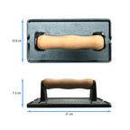 Infografía de medidas de la prensa rectangular Victoria de 21 cm en hierro fundido esmaltado con mango de madera detallando un largo de 21 cm, un ancho de 10.9 cm y una altura de 7.3 cm - Ferretería La Palma - 1050030