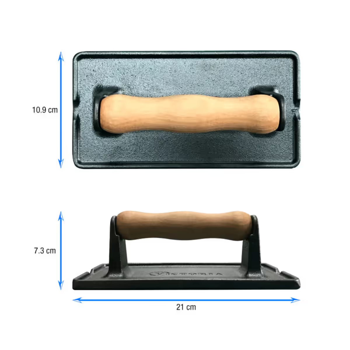 Infografía de medidas de la prensa rectangular Victoria de 21 cm en hierro fundido esmaltado con mango de madera detallando un largo de 21 cm, un ancho de 10.9 cm y una altura de 7.3 cm - Ferretería La Palma - 1050030