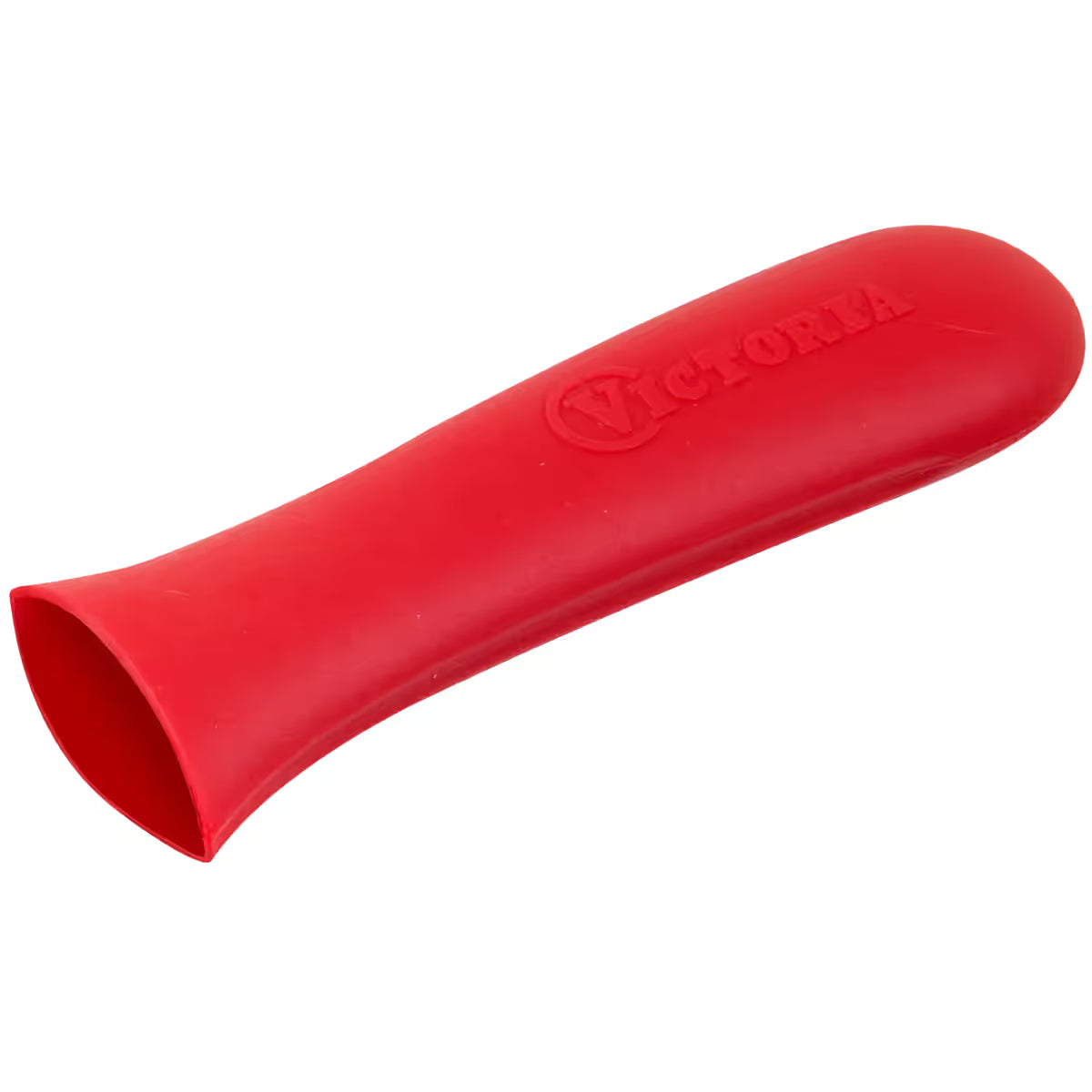 Vista en perspectiva del protector de mango grande Victoria en silicona roja con logo grabado - Ferretería La Palma - 1050063