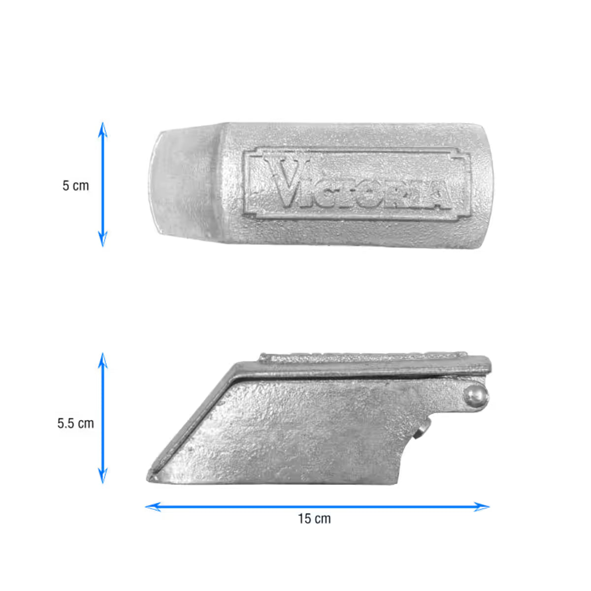 Infografía de medidas del raspador de hielo manual Victoria en hierro fundido estañado detallando un largo de 15 cm, un ancho de 5 cm y una altura de 5.5 cm - Ferretería La Palma - 1050031