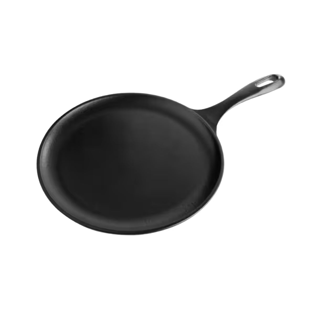 Vista en perspectiva del sartén comal redondo Victoria de 26 cm en hierro fundido curado con diseño de bajo perfil y mango largo ergonómico - Ferretería La Palma - 1050024