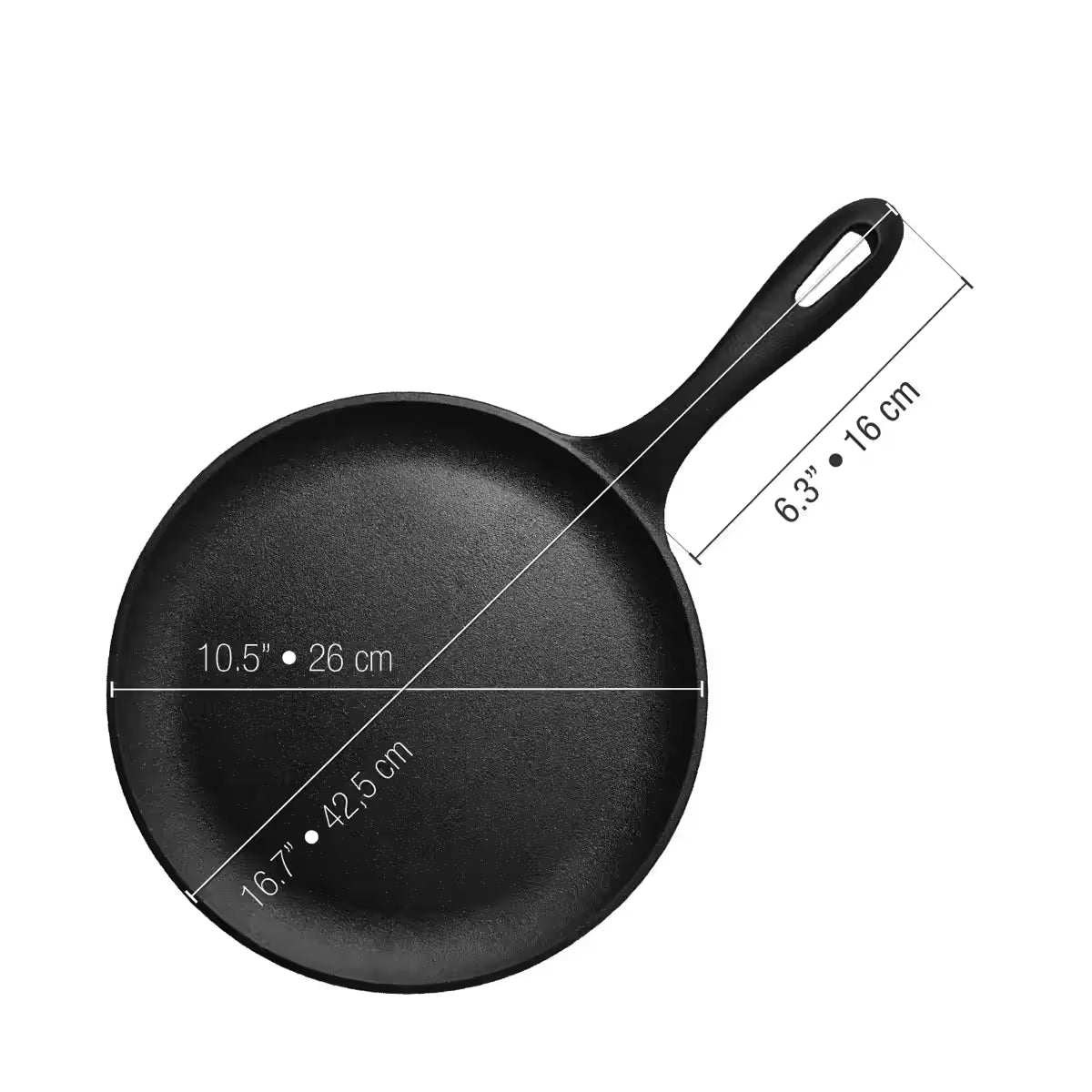 Infografía de medidas del sartén comal redonda Victoria de 26 cm en hierro fundido esmaltado indicando diámetro de 26 cm, largo del mango de 16 cm y largo total de 42,5 cm - Ferretería La Palma - 1050025
