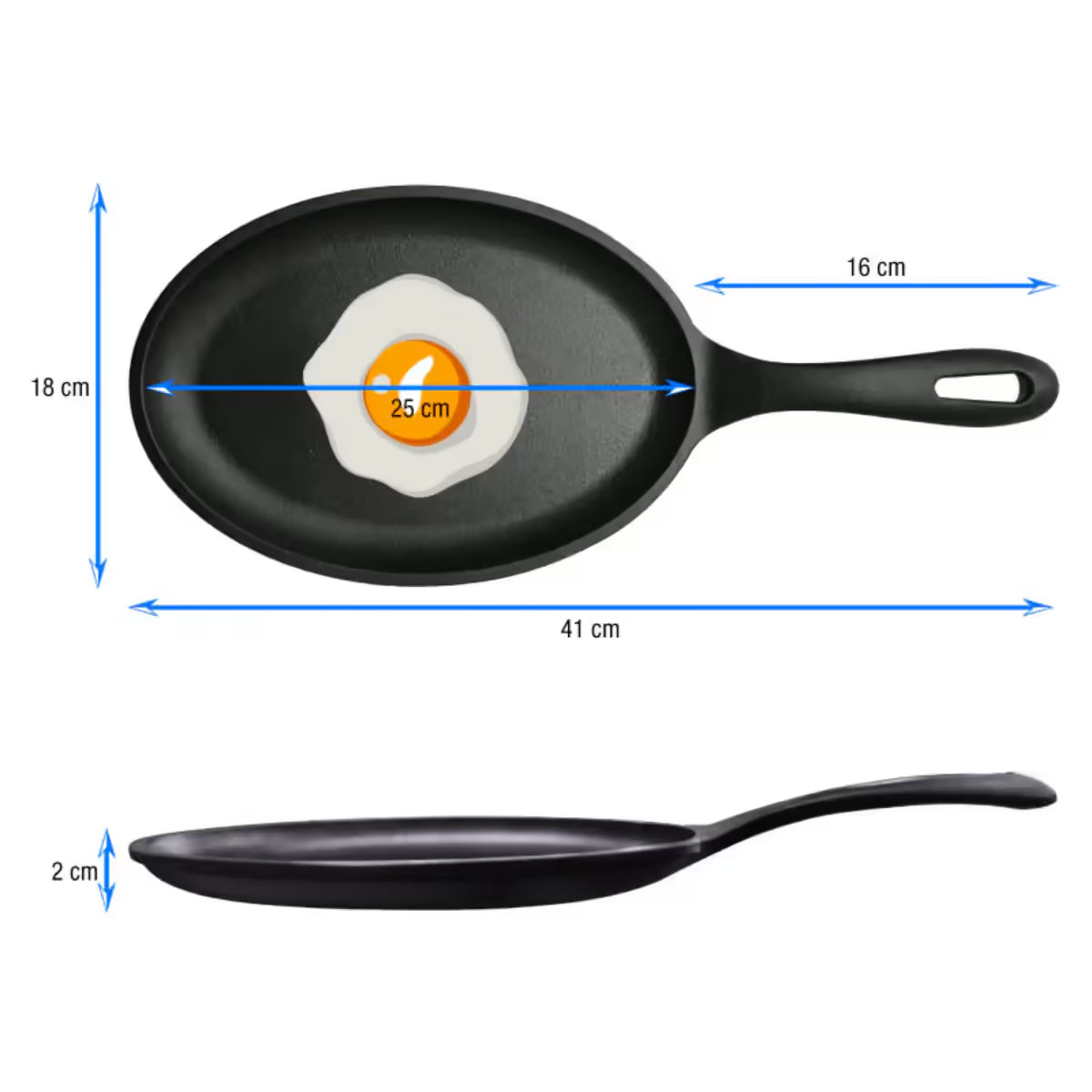 Infografía de medidas del sartén para fajitas Victoria curado de 24 cm indicando largo de 25 cm, ancho de 18cm, altura de 2 cm y largo total de 41cm - Ferretería La Palma - 1050060