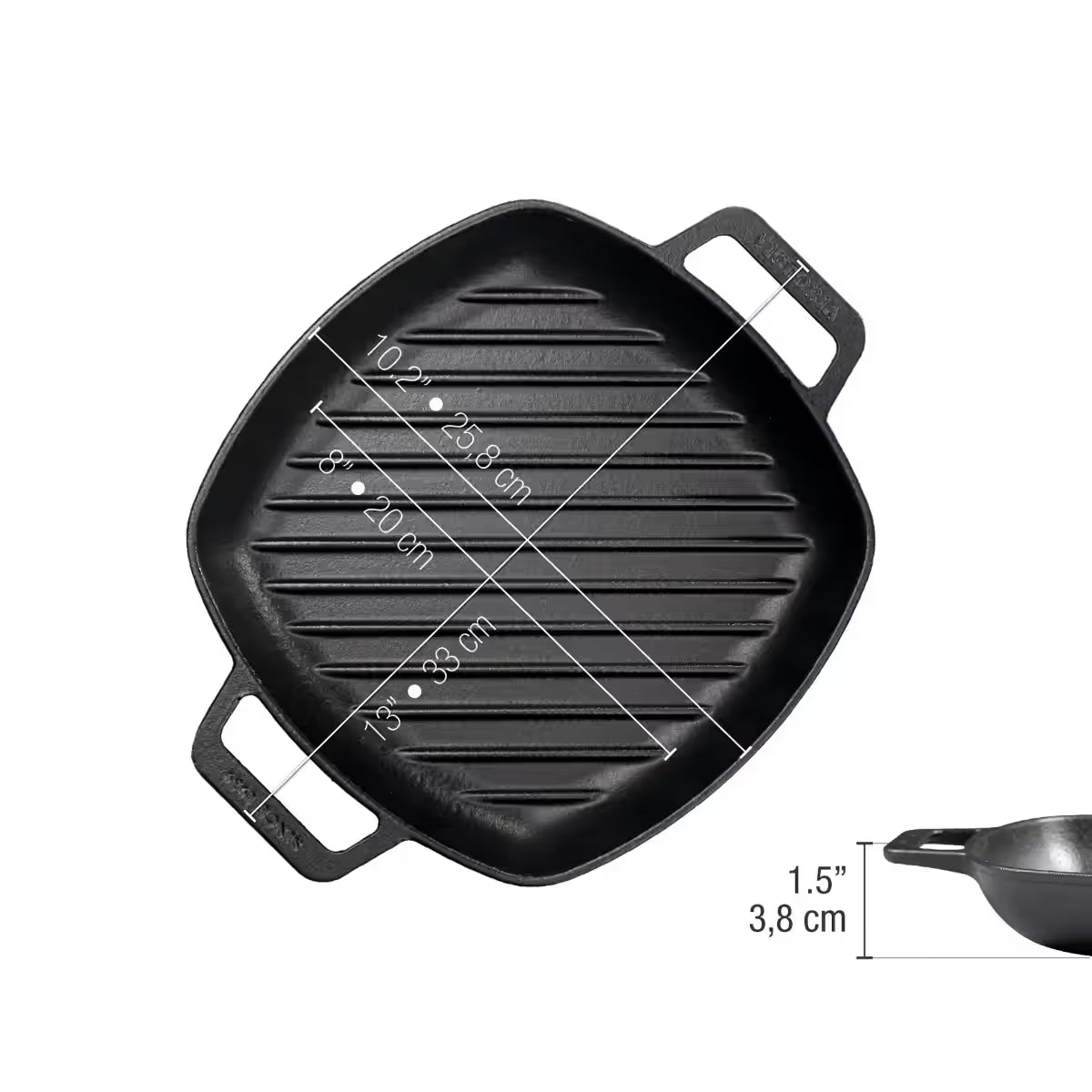 Infografía de medidas del sartén grill cuadrado Victoria de 25 cm en hierro fundido curado detallando ancho de 25,8 cm, base de 20 cm, largo total de 33 cm y altura de 3,8 cm - Ferretería La Palma - 1050069