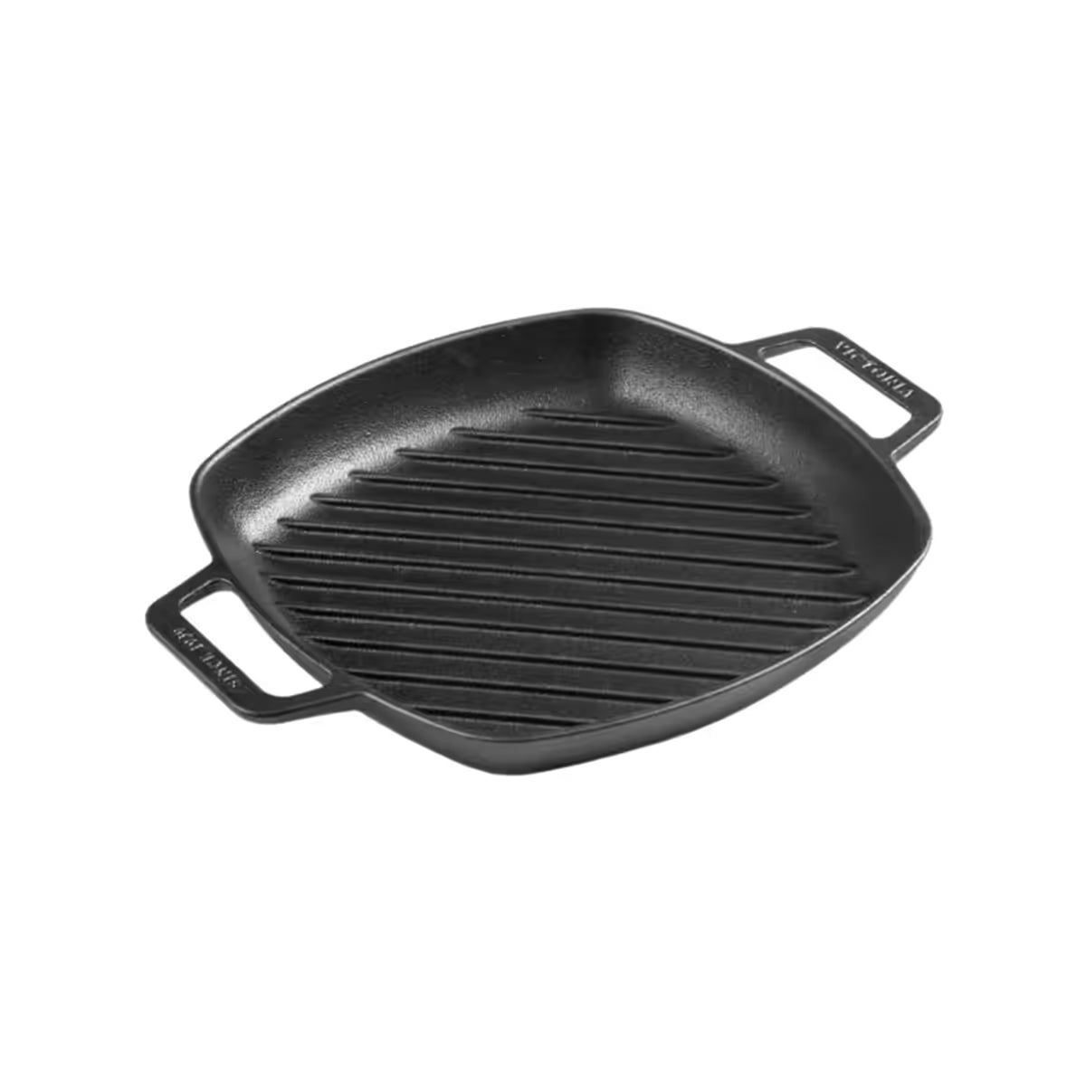Vista en perspectiva del sartén grill esmaltado Victoria de 25 cm en hierro fundido curado con doble asa lateral y fondo estriado - Ferretería La Palma - 1050090