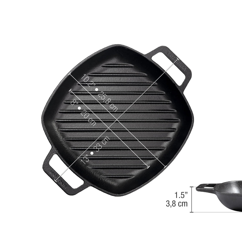 Infografía de medidas del sartén grill cuadrado Victoria de 25 cm en hierro fundido esmaltado detallando ancho de 25,8 cm, base de 20 cm, largo total de 33 cm y altura de 3,8 cm - Ferretería La Palma - 1050090
