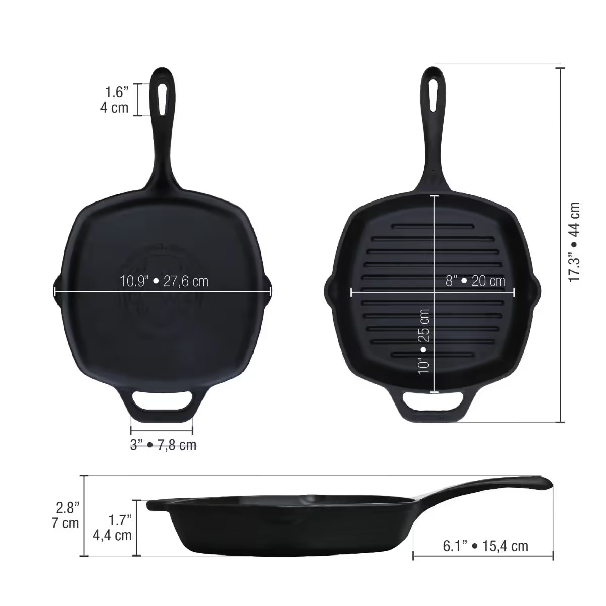 Infografía de medidas del sartén grill esmaltado Victoria de 25 cm detallando dimensiones internas, externas, altura y largo del mango - Ferretería La Palma - 1050027