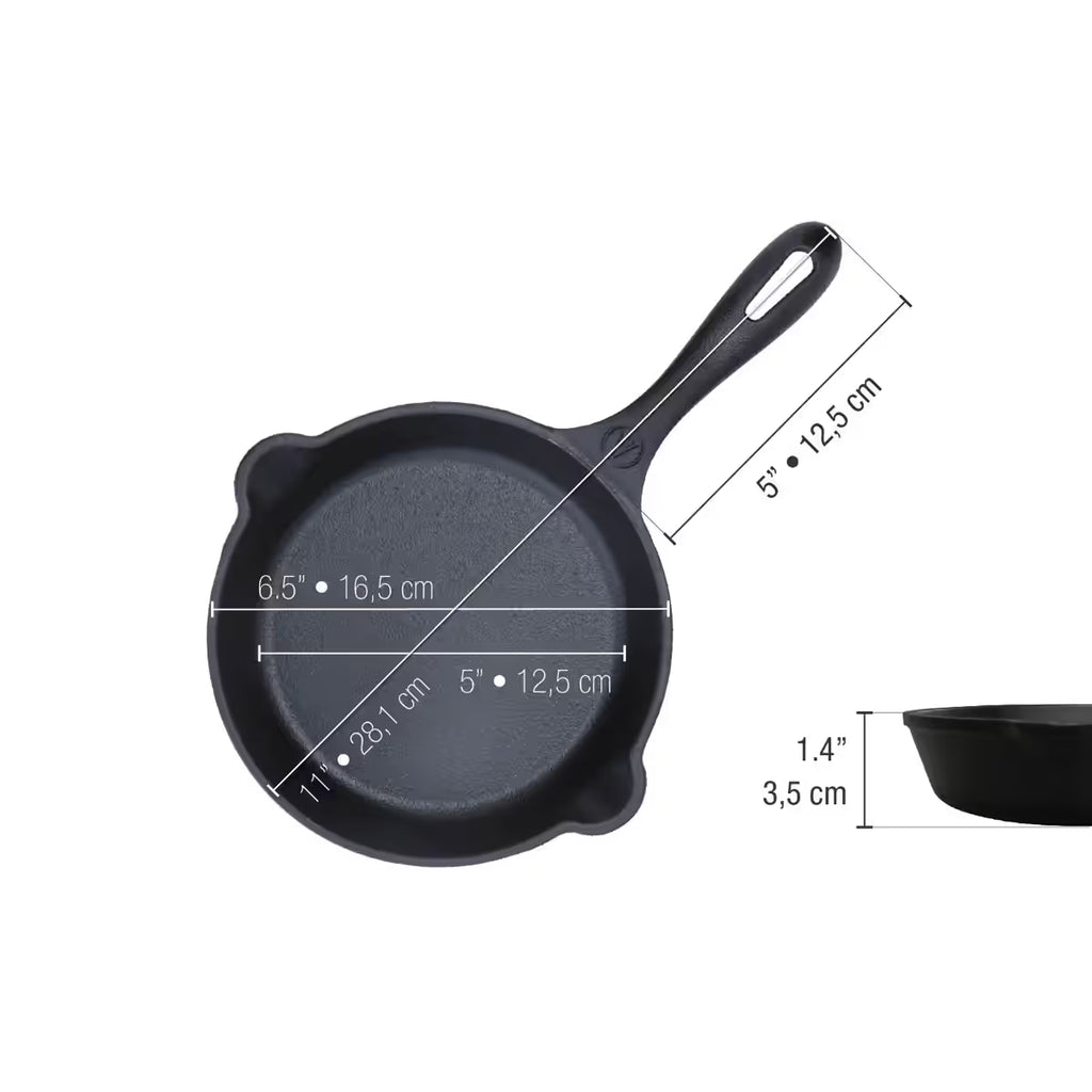 Diagrama técnico de dimensiones de la sartén curado Victoria de 16.5 cm, detallando el diámetro, longitud del mango y profundidad en centímetros y pulgadas - Ferretería La Palma - 1050035