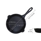 Diagrama técnico con medidas y dimensiones detalladas de la sartén de hierro fundido curado Victoria 20 cm  y su profundidad - Ferretería La Palma - 1050034