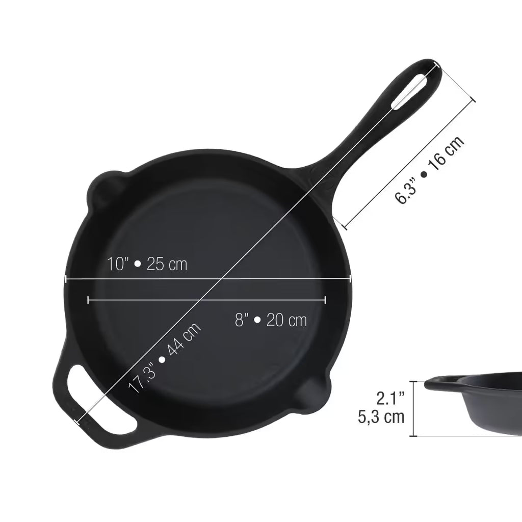 Infografía con dimensiones detalladas del sartén esmaltado Victoria de 25 cm, incluyendo largo total de 44 cm y altura de 5,3 cm - Ferretería La Palma - 1050014