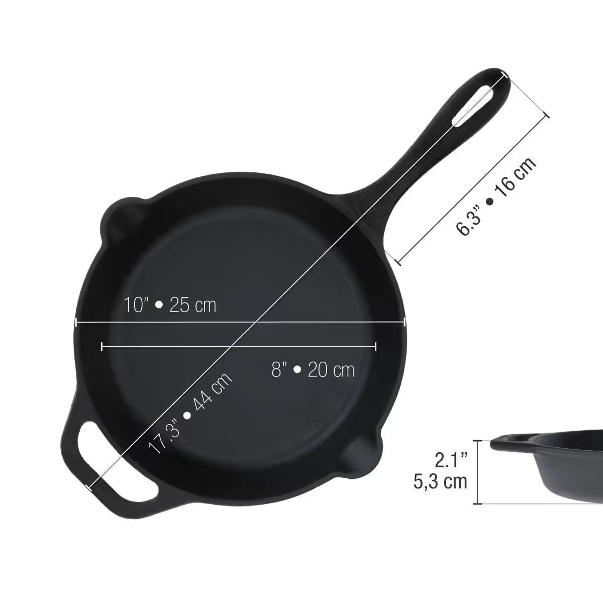 Infografía con dimensiones detalladas del sartén esmaltado Victoria de 25 cm, incluyendo largo total de 44 cm y altura de 5,3 cm - Ferretería La Palma - 1050014