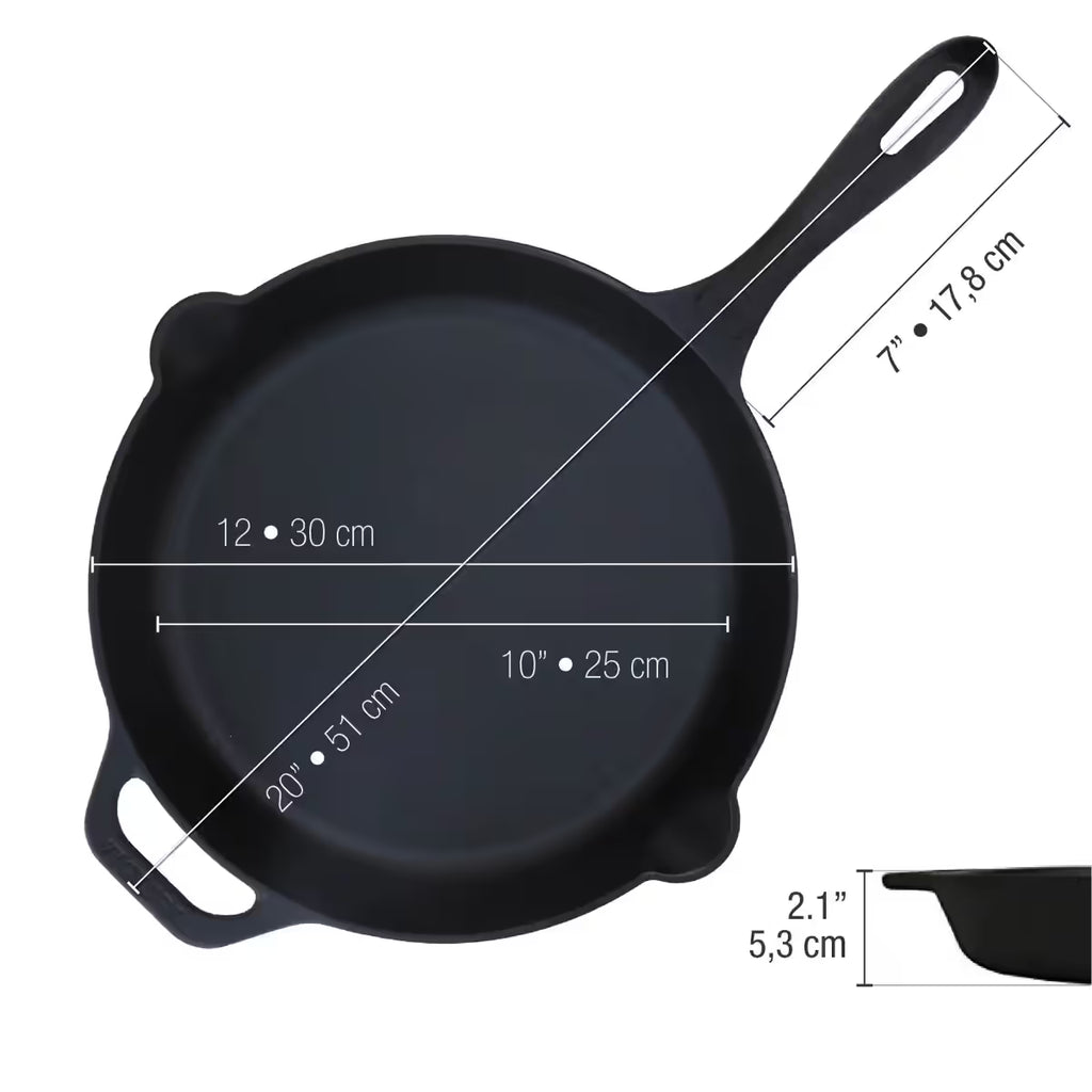 Esquema técnico del sartén curado Victoria de 30 cm con medidas de 51 cm de largo total y 5,3 cm de profundidad - Ferretería La Palma - 1050015