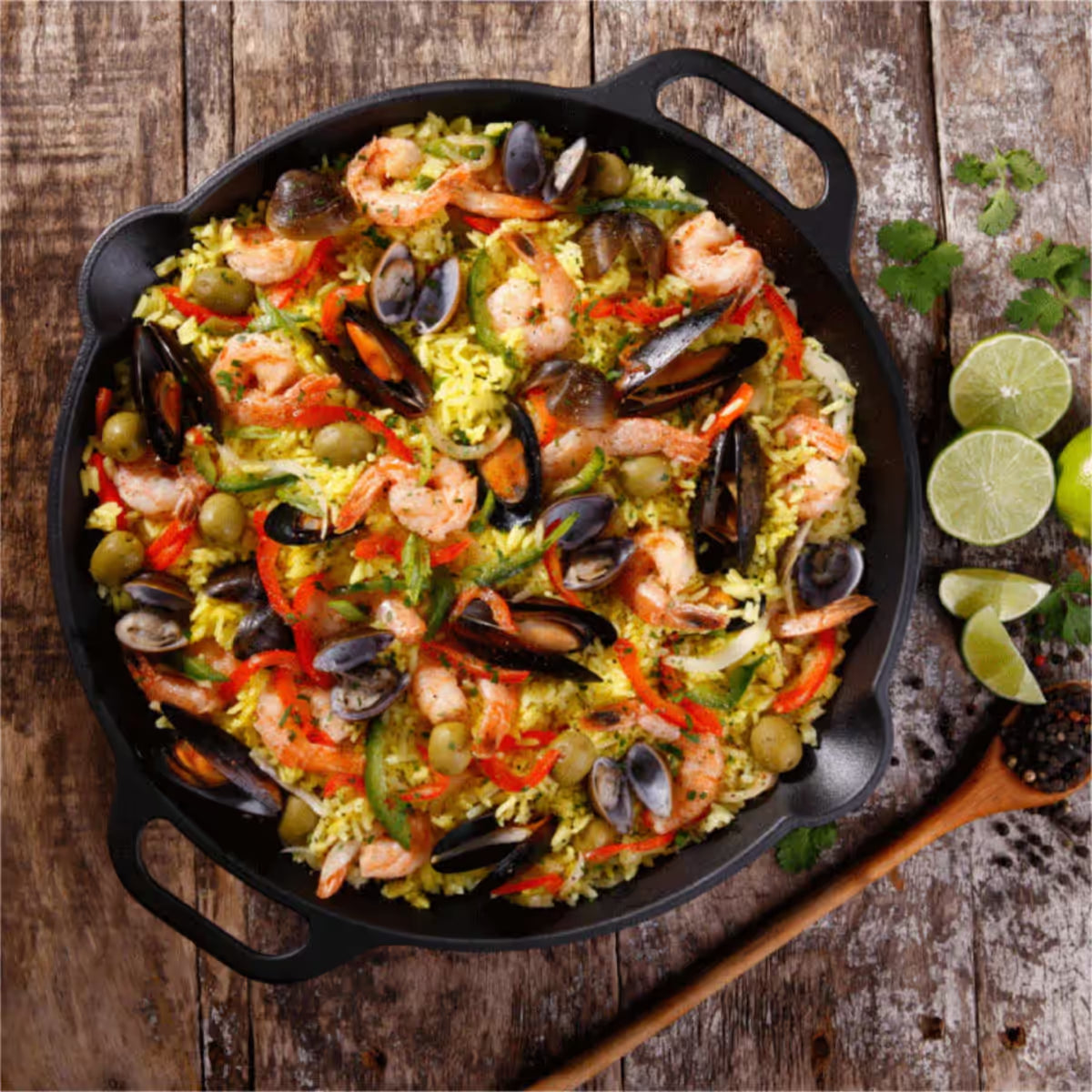 Sartén paellera redonda Victoria de 33 cm en hierro fundido curado con una paella de mariscos recién preparada sobre una superficie de madera rústica - Ferretería La Palma - 1050028