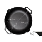 Infografía de medidas del sartén paellera redondo Victoria de 33 cm en hierro fundido curado detallando diámetro de 33 cm, base de 25 cm, largo total de 38,5 cm y altura de 6cm - Ferretería La Palma - 1050028