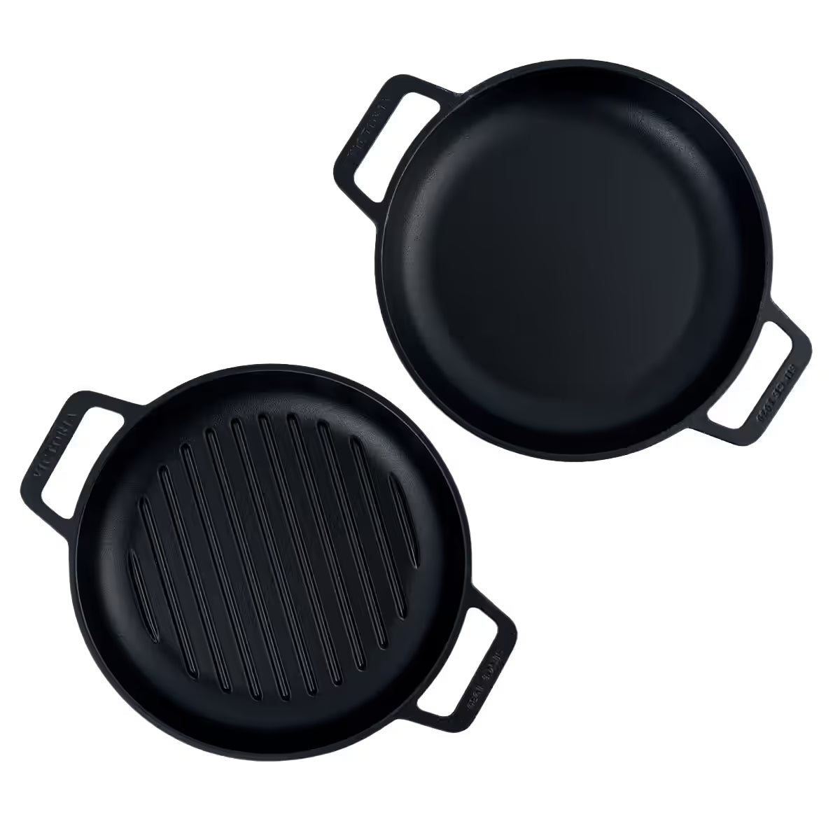 Vista cenital del set de dos sartenes redondos Victoria de 25 cm en hierro fundido esmaltado con doble asa lateral, incluyendo un modelo de superficie lisa y otro tipo grill - Ferretería La Palma - 1050149