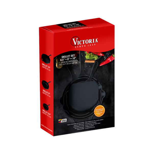 Empaque del set de tres sartenes Victoria de 16.5 cm, 20 cm y 25 cm en hierro fundido esmaltado - Imágen con fondo transparente - Ferretería La Palma - 1050098
