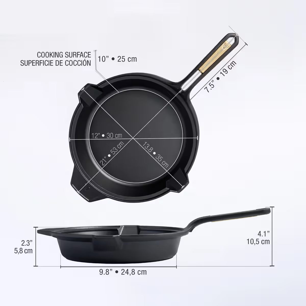 Infografía técnica del sartén Victoria Signature 30 cm con dimensiones de superficie de cocción, altura de base y largo de mango - Ferretería La Palma - 1050092