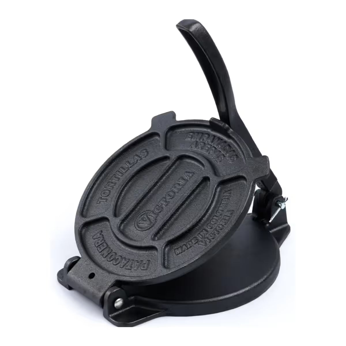 Prensa para tortillas Victoria de 16.5 centímetros (6.5 pulgadas) fabricada en hierro fundido de alta resistencia con acabado negro texturizado. El diseño incluye una palanca superior, base circular reforzada y platos nivelados. Utensilio de cocina profesional disponible en Ferretería La Palma - 1050010.