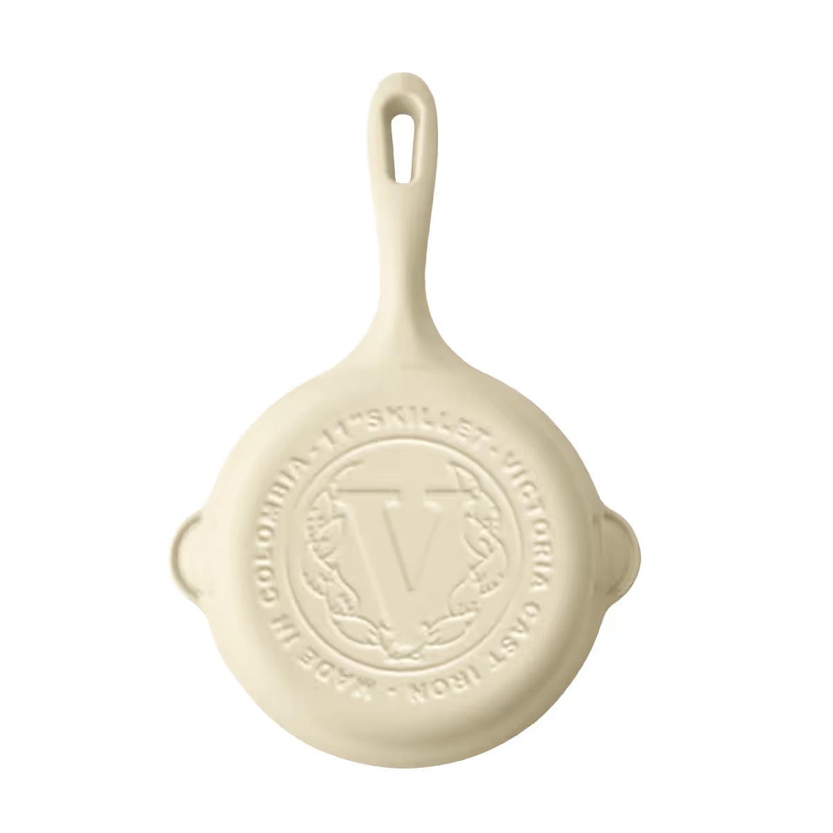 Vista posterior del sartén Victoria White Sable de 14 cm con base esmaltada beige y sello de marca grabado - Ferretería La Palma - 1050144