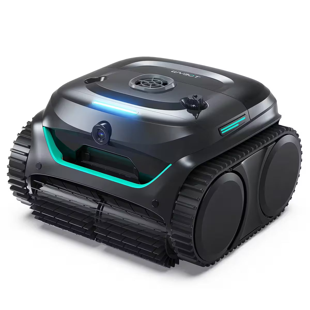Robot limpiafondos inteligente Wybot C2 Vision con cámara frontal, luces LED azules y tracción de orugas negras con detalles turquesa. Modelo de alta gama para piscinas - Ferretería La Palma -  188002