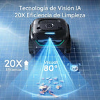 Infografía del Robot limpiafondos Wybot C2 Vision, destacando tecnología de visión IA con campo visual de 80 grados y un aumento de 20X en la eficiencia de limpieza de residuos - Ferretería La Palma -188002