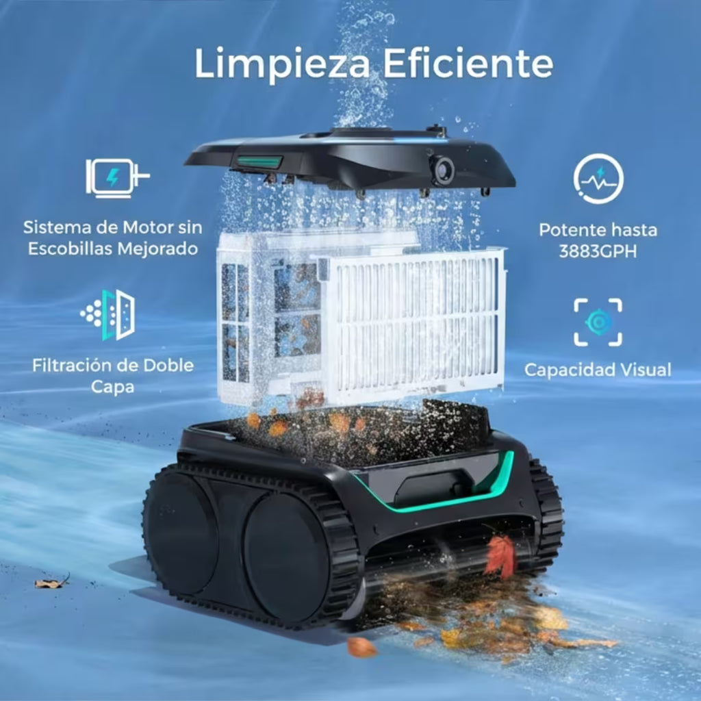 Vista explosionada del Robot limpiafondos Wybot C2 Vision, detallando su motor sin escobillas, filtración de doble capa y potencia de succión de 3883GPH para limpieza eficiente - Ferretería La Palma - 188002