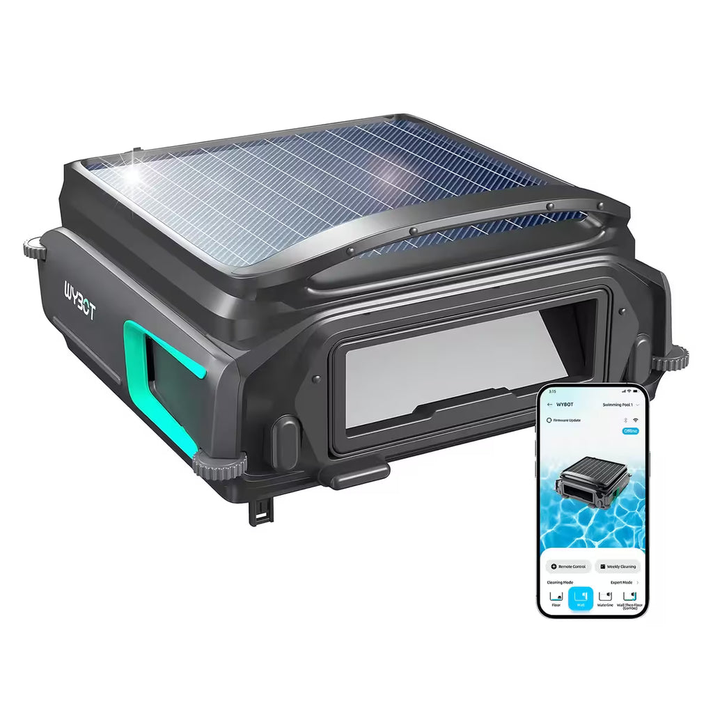 Robot skimmer solar Wybot F1 en Ferretería La Palma, con panel solar de alta eficiencia en la parte superior, chasis robusto color negro con acentos en turquesa y visualización de la aplicación móvil para control remoto y programación de limpieza - 1880001