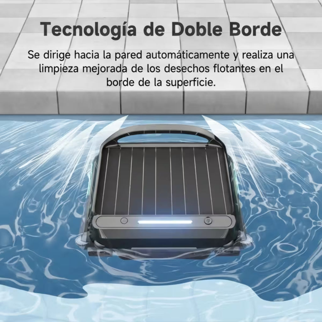 Infografía de tecnología de doble borde del Robot skimmer solar Wybot F1 en Ferretería La Palma, mostrando el equipo desplazándose sobre la superficie del agua hacia la pared de la piscina para la recolección automática de desechos flotantes - 1880001