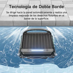 Infografía de tecnología de doble borde del Robot skimmer solar Wybot F1 en Ferretería La Palma, mostrando el equipo desplazándose sobre la superficie del agua hacia la pared de la piscina para la recolección automática de desechos flotantes - 1880001